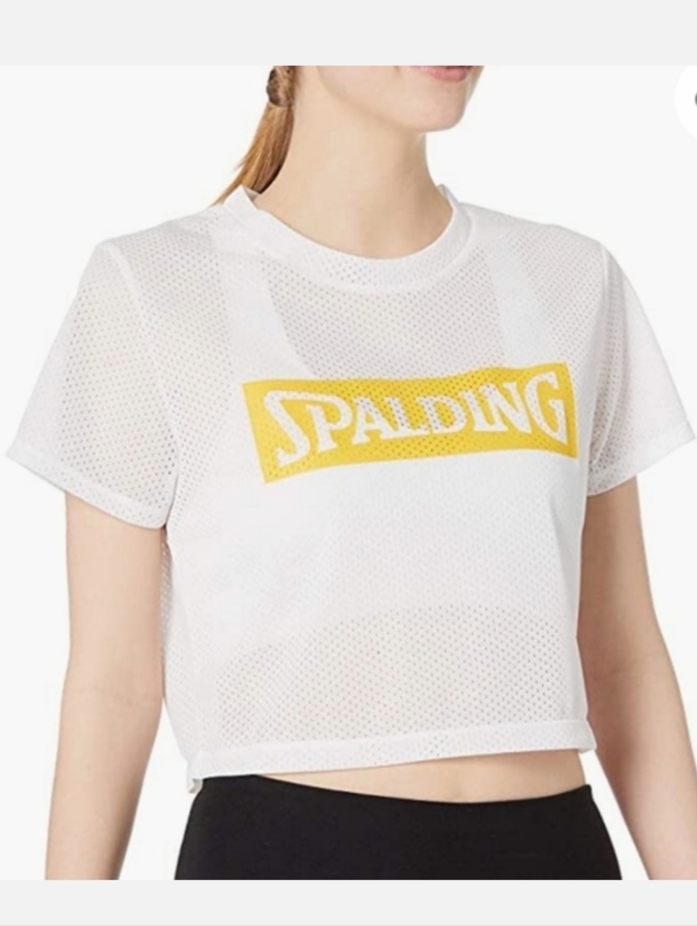Spalding White Mesh Yellow Logo Cropped Activewear Top L NWT